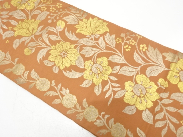 JAPANESE KIMONO / ANTIQUE FUKURO OBI / SILK / WOVEN FLORAL PLANTS